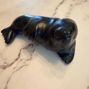 Vintage Walrus Inuit Soapstone Carving with signature